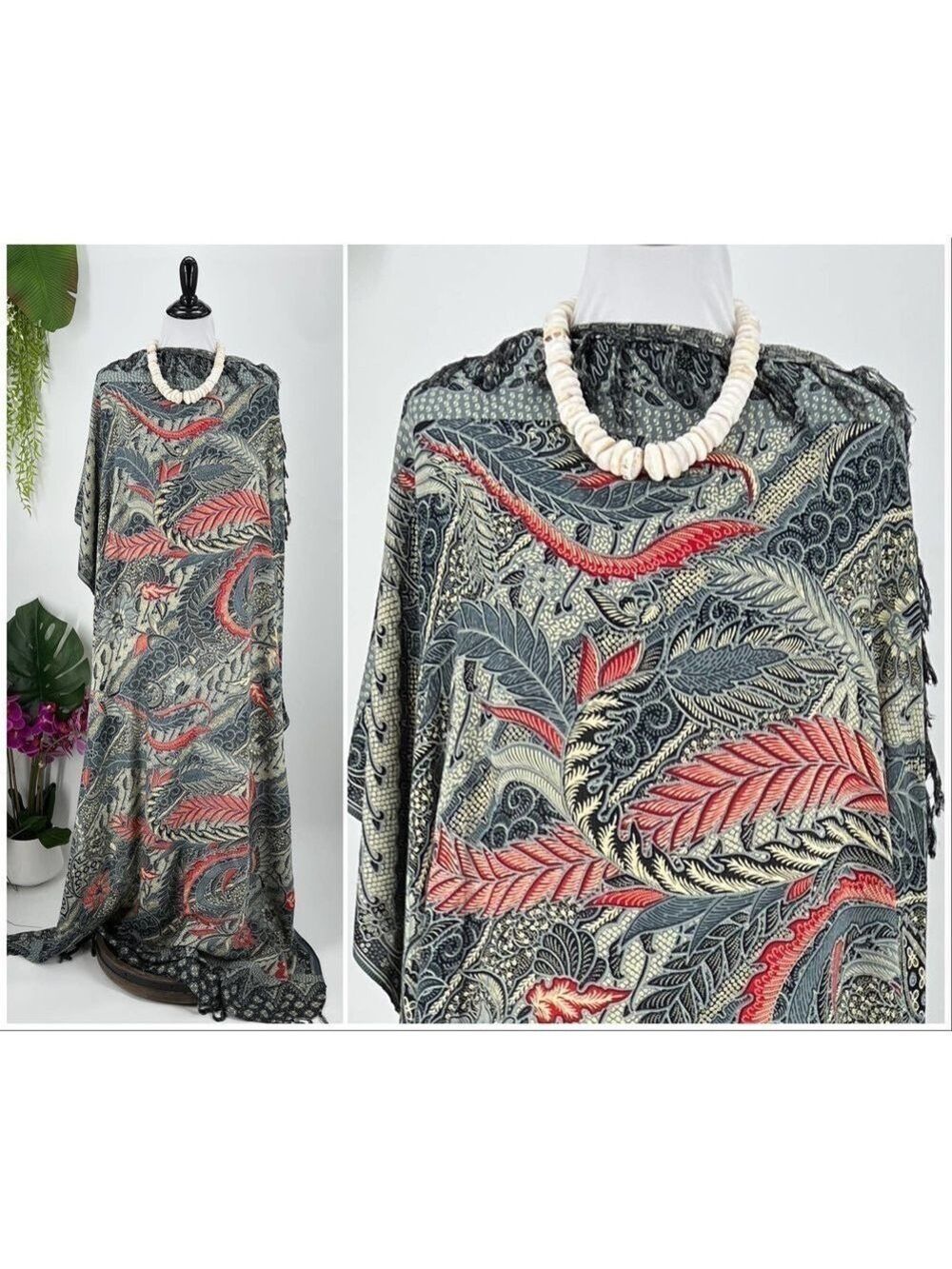 Red Beige Gray Hawaiian Tropical Floral MAXI SARONG Kīkepa Pareo Beach Wrap